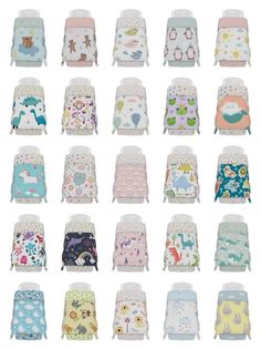 many different types of baby diapers in various sizes and colors, all with animals on them