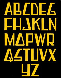 the alphabet is yellow and black with letters in different sizes, shapes, and colors