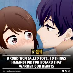 two anime characters with the caption, a condition called love 10 things hanno did for hotaru that warmed our hearts