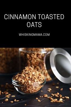 homemade cinnamon toasted oats in a glass bowl with a spoon on the side