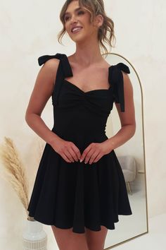 Amara Skater Mini Dress | Black Dresses Semi Formal For Teens, Black Dress Banquet, Hoco Dress Flowery, Black Dresses Semi Formal, Casual But Fancy Dresses, Short Dress Unique, Tie Strap Mini Dress, Simple Semi Formal Dresses, Simple Grad Dresses Grade 8