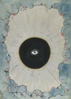 an artistic painting with clouds surrounding it and the eye in the center, surrounded by smaller clouds