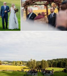 a couple getting married at their wedding ceremony in the field and on the aisle with guests