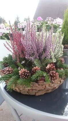 a basket filled with pine cones and purple flowers on top of a table next to potted plants