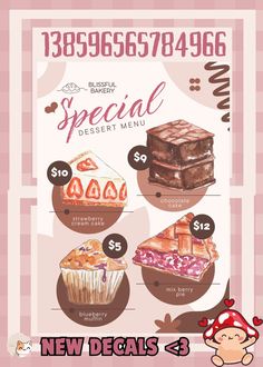 the menu for desserts is shown in pink and brown colors, with different types of cakes