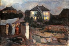 an image of a painting with clothes hanging out to dry on the clothesline and houses in the background