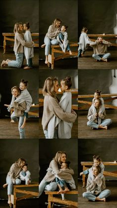 a mother and her child are sitting on a bench with their arms around each other