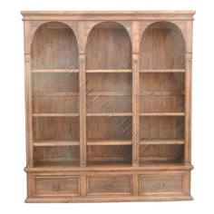 an old wooden bookcase with two drawers and three doors on the front, isolated against a white background