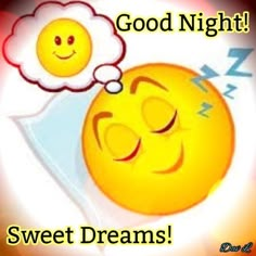 a yellow smiley face with a thought bubble saying good night sweet dreams