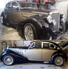 an old car is parked in a garage next to a new one that has been painted black and silver