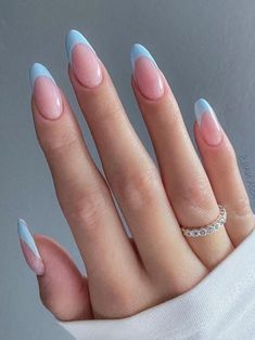 Spring French Tip Nails 2024: Cute, Colorful Designs to Refresh Your Look Baby Blue Nails Almond Shape, Pastel Blue Nails Almond, Pastel French Nails, Cute Pastel Nails, Pastel French Tip Nails, Spring French Tip Nails, Spring French Tip, Nails Inspiration Short, Nails Inspiration Simple