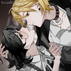 two anime characters one is kissing the other has blonde hair and black eyes, both are wearing white shirts