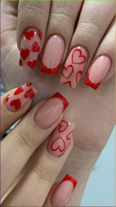 24Pcs Valentine's Day Press on Nails Medium Length Valentine's French Tip Fake Nails with Red Heart Love Design Reusable Natural Stick on Nails Gift for Women DIY Valentine Romantic Manicure Valentine's Day Artificial False Nails: A box contains 24 fake nails, a nail file, a wooden stick and 24 jelly glues, the fake nails are divided into 12 different sizes, it is convenient for you to choose the fake nails that suit your nail. Nails With Red Heart, French Tip Fake Nails, Nails With Red, Nails Medium Length, Unghie Nail Art, Heart Nail Designs, Nails Yellow, Press On Nails Medium, Valentine Nail Art