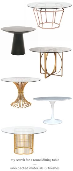 four tables with different shapes and sizes, all in white and gold color scheme for the table