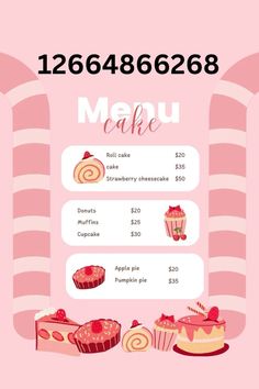 a menu for a cake shop with different types of desserts on the table and numbers