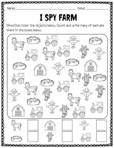 i spy farm worksheet with pictures to help students learn how to read the words