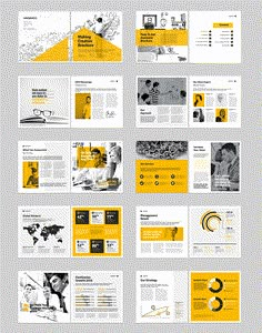 the yellow and white brochure is displayed in this image