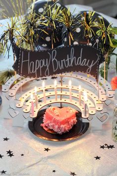 a birthday cake sitting on top of a black plate