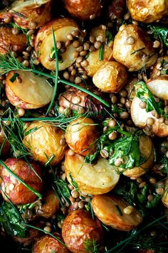 roasted potatoes with lentils and herbs on a plate