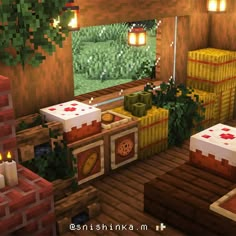 a minecraft living room with boxes and candles