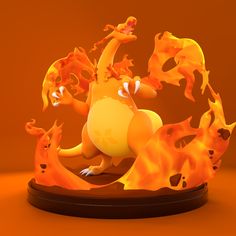 a yellow and orange cartoon character with fire around it