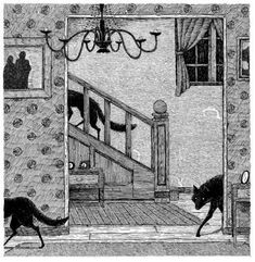 a black cat walking into a room with a chandelier