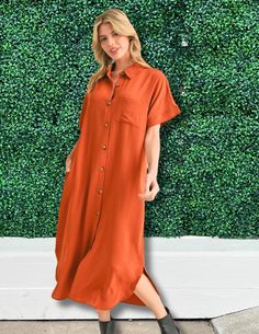 burnt orange maxi dress button up side slits front pocket