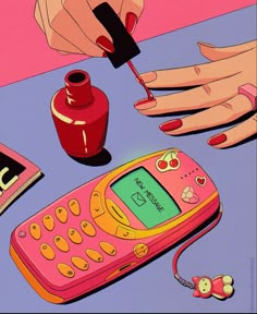 a painting of a person using a cell phone with nail polish on the table next to it