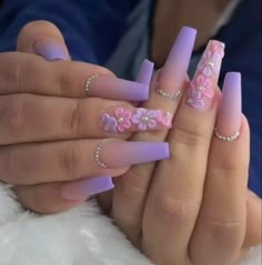 Pink Nails With Purple Flowers, Ombre And Flower Nails, Purple Ombre Nails With Rhinestones, Purple 3d Flower Acrylic Nails, Repunzel Quince Theme Nails, Acrylic Nails Purple Lavender Butterfly, Purple Nail Designs With Flowers, Purple Quince Nails Medium, Pink And Purple Flower Nails