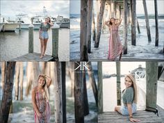 four photos of a woman posing on a dock