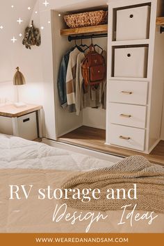 a white bed sitting under a wooden shelf next to a closet