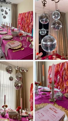 a collage of photos with disco ball decorations and pink table cloths on it