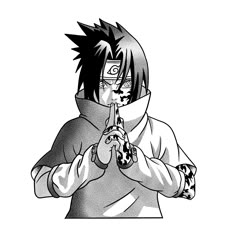 a black and white drawing of a person wearing a hoodie with his hands together