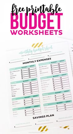 the free printable budget worksheet is on top of a white table with gold and