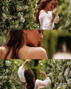 the woman is posing in front of some flowers