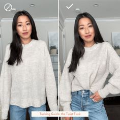 How to tuck a chunky knit sweater Baggy Sweater Work Outfit, How To Style Oversize T Shirt, Tucking Oversized Sweater, How To Wear A Oversized Sweater, How To Make An Oversized Sweater Fit, Oversized Sweater Hack, Tuck Oversized Sweater, Tuck In Oversized Sweater, How To Style Oversized Knit Sweaters