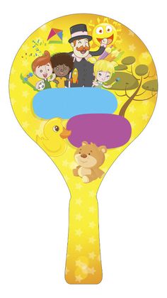 a yellow paddle with cartoon characters on it