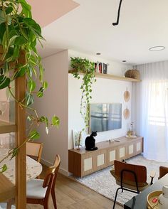 a living room filled with furniture and a cat sitting on top of a tv stand