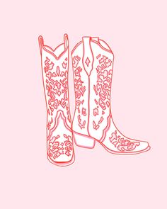 a pair of pink cowboy boots with floral designs on the soles, against a light pink background