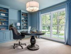 an image of a home office with blue walls