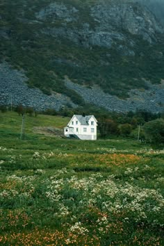 a white house sitting in the middle of a lush green field next to a mountain