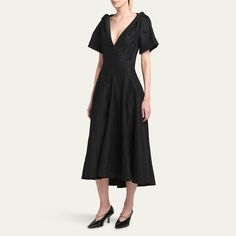 Bottega Veneta fluid viscose and linen midi dress features twist details at the shoulders V-neckline Short sleeves Hem falls below the knee A-line silhouette Concealed back zip  Viscose/linen Made in Italy Wardrobe Sale, Evening Flats, Cocktail Jacket, Linen Midi Dress, Spring Wardrobe, Platform Pumps, Lingerie Sleepwear, Bergdorf Goodman, Coat Dress