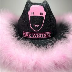 Black Hat Pink Boa Cowgirl Hat Fun Pink Brimmed Costume Hats And Headpieces, Trendy Pink Party Hat, Fun Pink Fedora Hat, Pink Fedora Hat Fun Style, Trendy Pink Brimmed Mini Hats, Pink Wide Brim Mini Hat For Winter, Pink Winter Bucket Hat, Pink Adjustable Hat Bands For Winter, Pink Winter Bucket Mini Hat