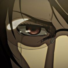 an animated image of a woman's eye with long black hair and brown eyes