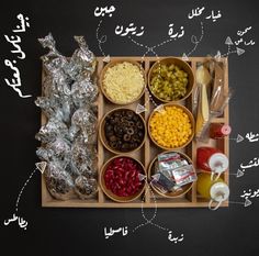 an assortment of food in bowls on a wooden tray with words describing the different ingredients