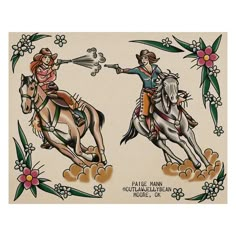 an image of two people riding horses with flowers on the back and one holding a hose