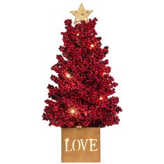 a red christmas tree with lights on it and the word love spelled in gold letters