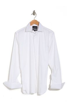 This crisp cotton-blend tuxedo shirt is designed in a tailored silhouette with just the right amount of stretch for comfort. 29.5" length (size M) Tailored fit Spread collar Long sleeves Front button closure Curved hem 95% cotton, 5% elastane Machine wash, tumble dry Imported Model stats: 6'0" height; 32" waist. Model is wearing size M. White Long Sleeve Cotton Dress Shirt, Fitted Long Sleeve Cotton Shirt, White Slim Fit Cotton Shirt, Slim Fit Shirt With Spread Collar For Fall, White Cotton Slim Fit Shirt, Slim Fit Cotton Top With Fold Down Collar, White Business Shirt For Fall, Relaxed Fit Long Sleeve Business Shirt, Cotton Slim Fit Top With Fold Down Collar