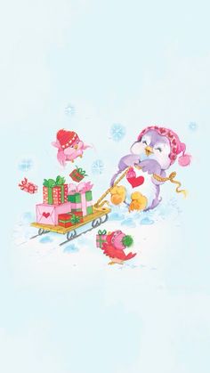 an animal pulling a sleigh with presents on it's back in the snow