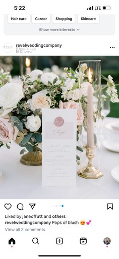 an image of a table setting with flowers and candles on it, which is featured in the instagram